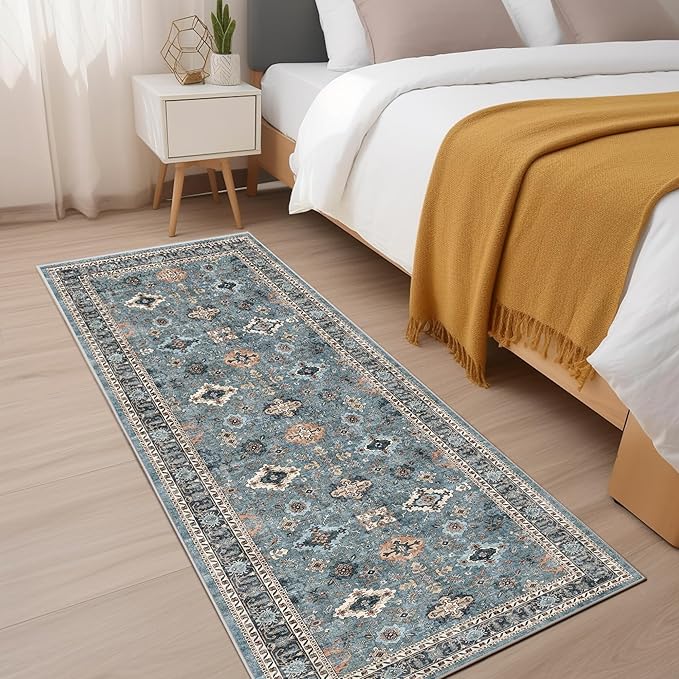 2x6 Runner Rug, Ultra-Thin Bathroom Rug, Blue Low Pile Laundry Room Mat, Machine Washable Boho Rug for Hallways Entryway Kitchen Bathroom Bedside Camper
