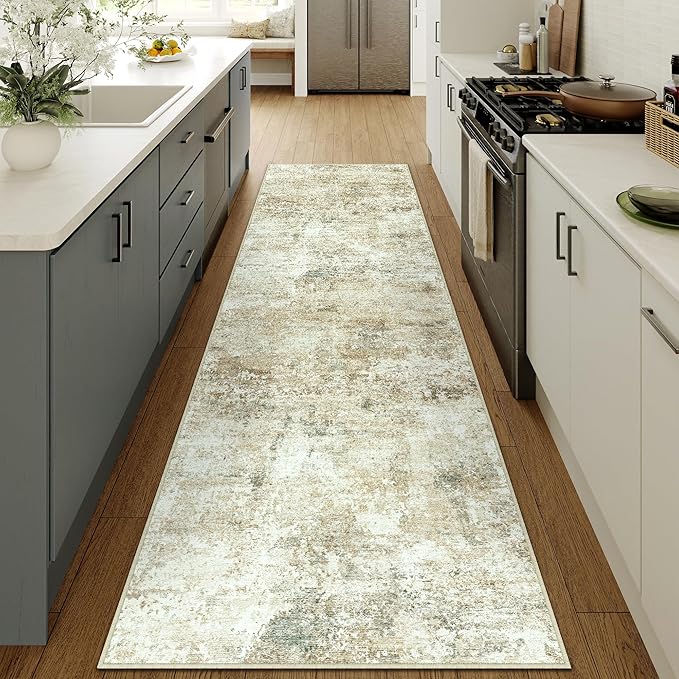 2x8 Runner Rug for Hallways Beige Grey Non Slip Washable Neutral Modern Abstract Indoor Rug Thin Soft Throw Low Pile Kitchen Carpet for Bedside, Bedroom, Bathroom, Entryway
