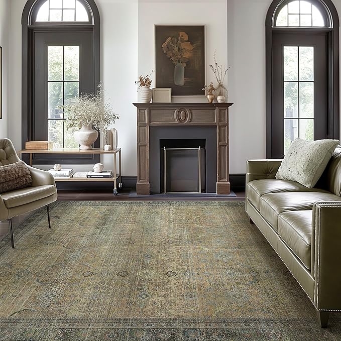 10X14 Area Rugs Machine Washable Rugs for Living Room, Vintage Boho Large Rugs for Bedroom Dining Room, Non Slip Indoor Soft Distressed Lightweight Thin Low Pile Carpet, Vintage Sunset