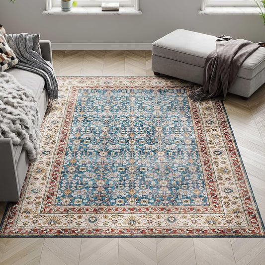 Dripex 5x7 Area Rugs, Machine Washable Non Slip Distressed Boho Rugs, No Pile Lightweight Vintage Rug, Floor Carpet for Living Room,Dining Room,Bedroom and Office,Blue and Red