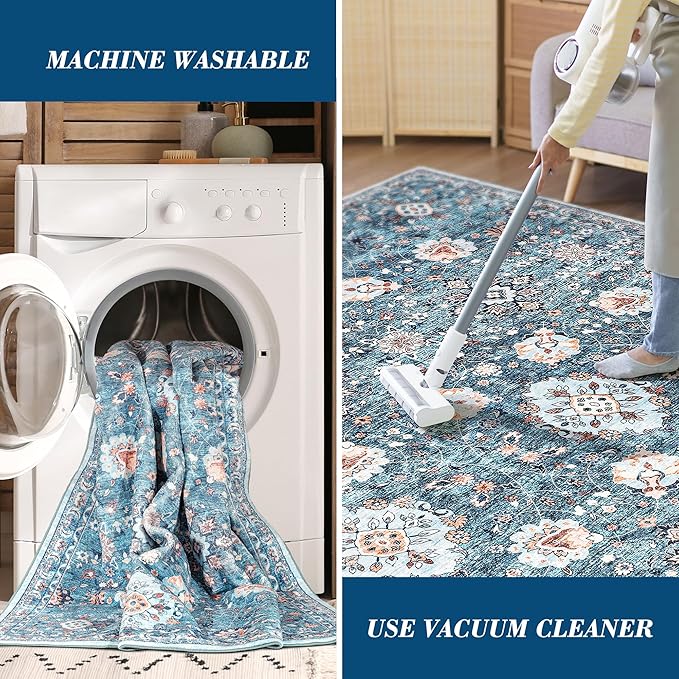 2x3 Area Rugs Washable Boho Rug, Non Slip Carpet for Living Room, Bedroom, Kitchen, Soft Low-Pile, Indigo/Floral