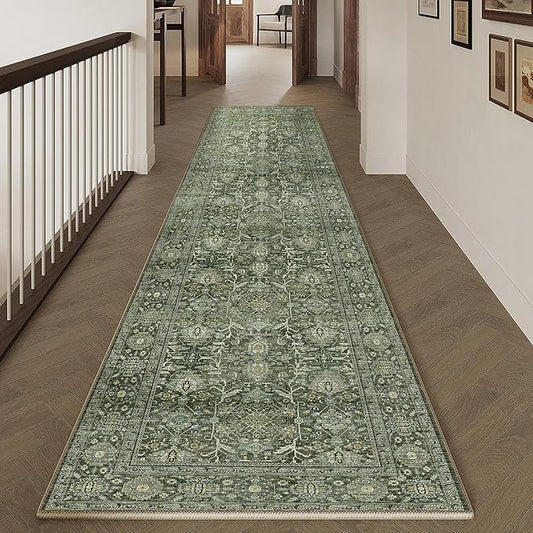 Green Runner Rug 2x8 Vintage Area Carpet Hallway Long Indoor Kitchen Washable Living Room Low Pile Traditional Distressed Retro Accent Throw Rug Non Slip Laundry Bathroom Office Dining Room