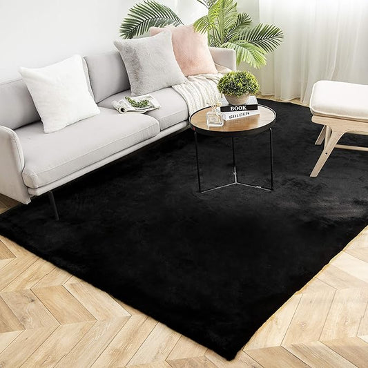 Ashler Faux Fur Rug, Ultra Soft Faux Rabbit Fur, Black Area Rugs, 5 x 7 Feet Rectangle, Machine Washable Nursery Decor Throw Rugs for Bedroom, Kids Room, Living Room