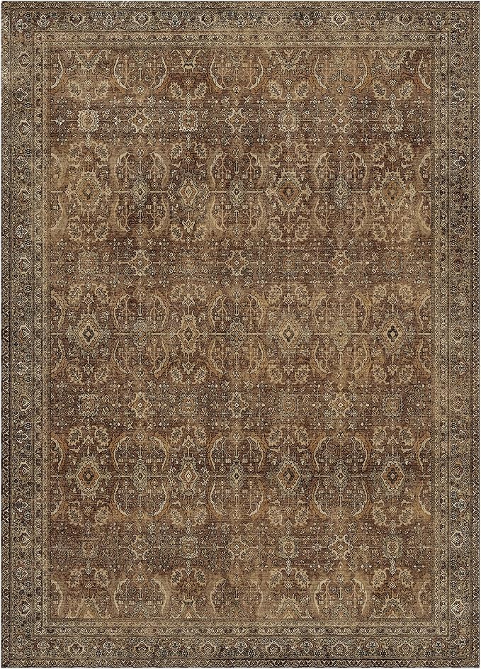 6X9 Area Rugs Machine Washable Rugs for Living Room, Vintage Boho Large Rugs for Bedroom Dining Room, Non Slip Indoor Soft Distressed Lightweight Thin Low Pile Carpet, Rustic Brown
