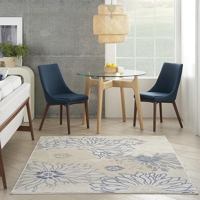 Nourison Passion Ivory Grey Blue 5'3" x 7'3" Area Rug, Boho, Floral, Easy Cleaning, Non Shedding, Bed Room, Living Room, Hallway, (5'3" x 7'3")