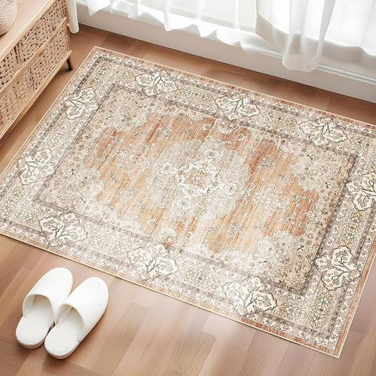 Washable Entryway 2x3 Rug: Small Boho Rugs for Indoor Entrance Non Slip Backing Stain Resistant Carpet Low Pile Throw Rugs for Bedroom Bedside Inside Front Door Floor Kitchen Decor(Brick,2x3FT)