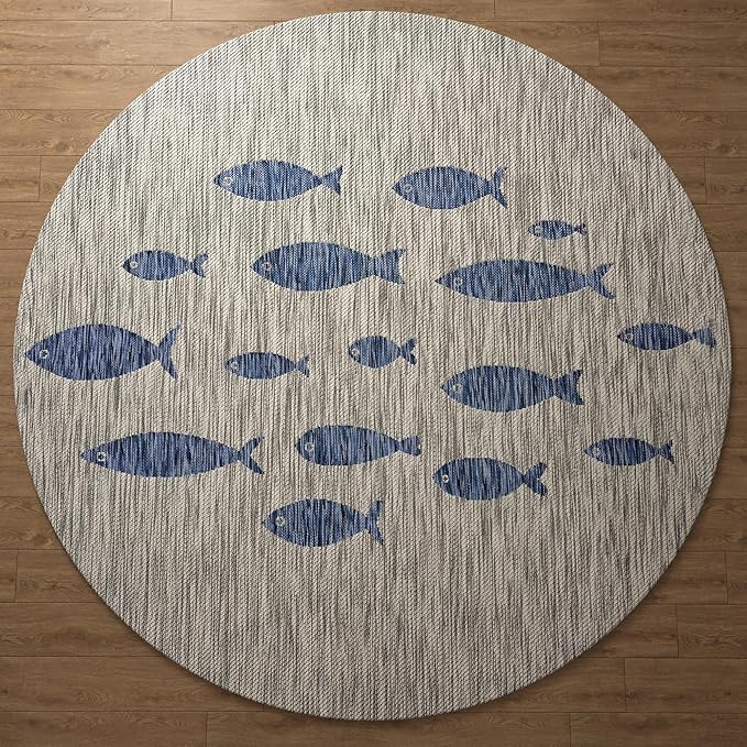 LR Home 5ft Round Indoor/Outdoor Area Rug for Home Decor | Coastal School of Fish Large Size Carpet for Living Room, Bedroom, Playroom, Patio, Garden | Nautical Farmhouse Rug | Gray/Navy