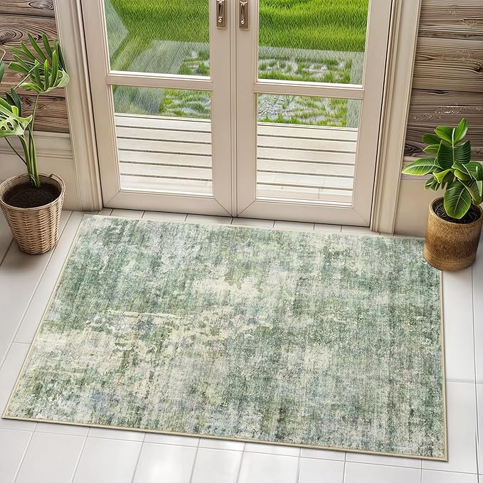 2x3 Abstract Washable Rugs for Kitchen, Floor, Entryway, Powder Room Small Area Rug Non-Slip Vintage Low Pile Throw Door Mat Green Ivory