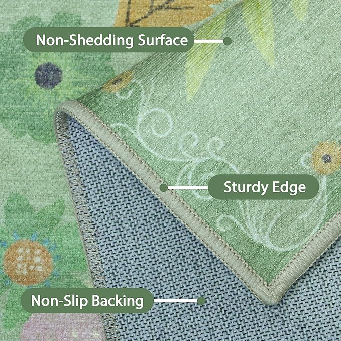 Bavni 2x5 Runner Rug, Foldable Floral Rugs for Hallways Kitchen Bedroom Kids Room, Lightweight Machine Washable Non Slip Rubber Rugs Backing, Ultra-Thin Aesthetic Boho Green