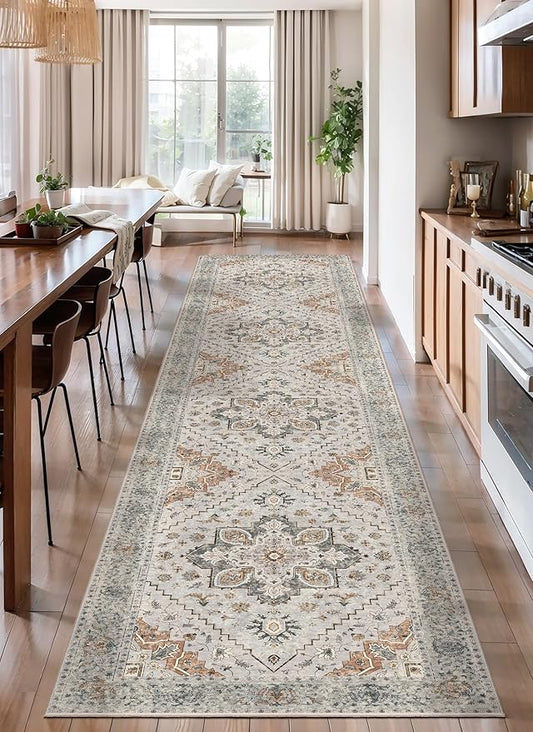 2x10 Washable Runner Rug for Hallways, Non Slip Vintage Runner Rug, Soft Low Pile Long Runner, Print Distressed Taupe Carpet Runners for Kitchen Bedroom Entryway Bathroom Living Room