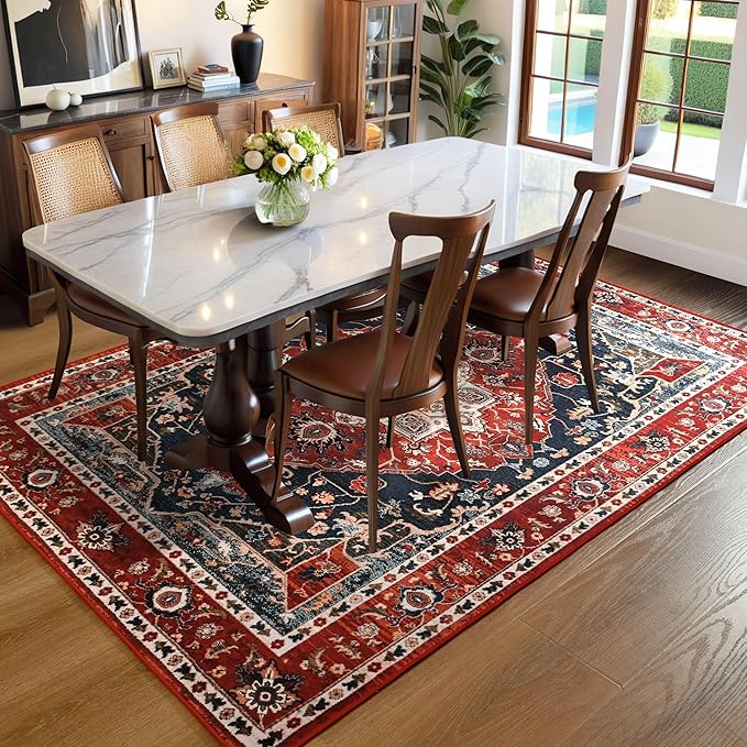 YJ.GWL Large Area Rug for Living Room, 6x9 Machine Washable Boho Rug for Bedroom, Low Pile Lightweight Thin Rugs Floral Vintage Distress Print Pattern Carpet for Dining Room, Red