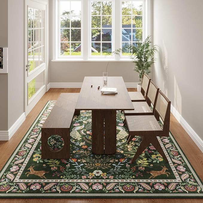 9x12 Area Rugs for Living Room Washable Rug Floral Non-Slip Large Rug for Living Room, Bedroom, Farmhouse, Dining Room, Kids Playroom (Emerald Green)
