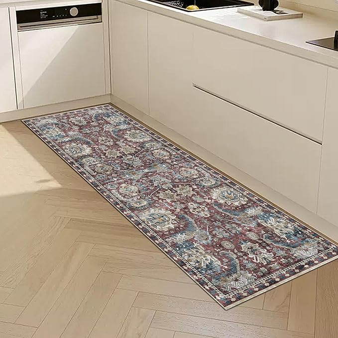 Washable Area Rugs - Perfect for Living Room, Bedroom, Kids Room, Nursery - Stain & Water Resistant Non-Slip, Pet & Child Friendly, Vintage Tribal Area Rugs (Rust and Bule, 2'6'' x 8')