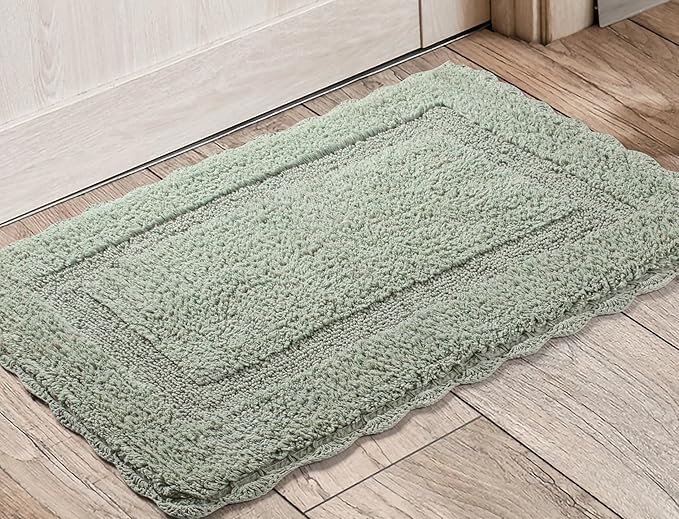 Cotton Crochet Bathmat with Antiskid 17x24 Sage Green, 100% Pure Cotton, Super Soft White, Plush & Absorbent, Hand Tufted Heavy Weight Construction, Full Reversible Step Out Rugs