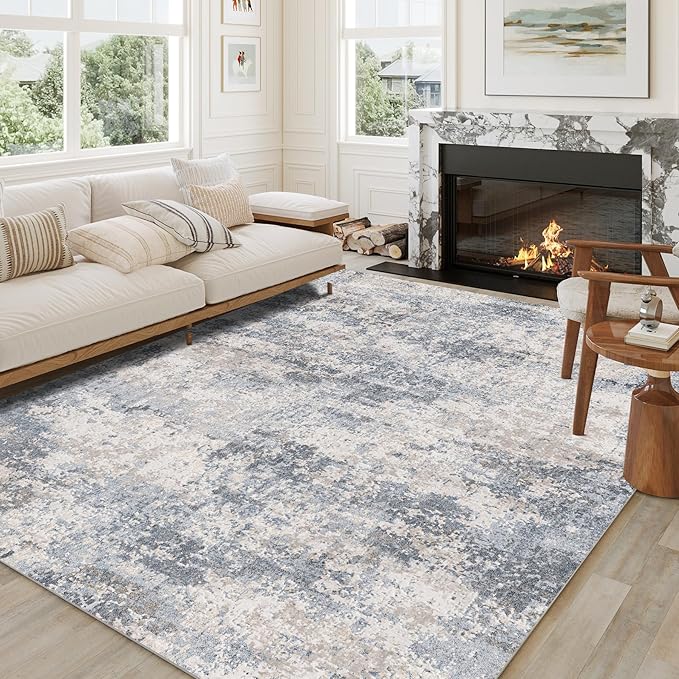 5x7 Washable Rugs Hallway Area Rug Blue Abstract Non Slip Low Pile Carpet for Bedroom Living Room Office Dining Room Kitchen Laundry Room