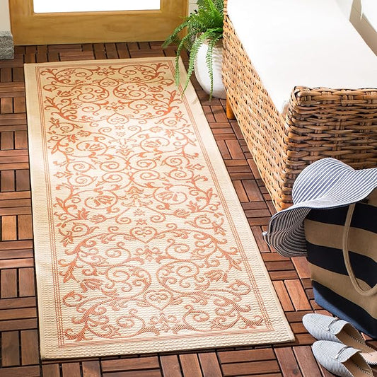 SAFAVIEH Courtyard Collection Runner Rug - 2'3" x 10', Natural & Terra, Scroll Design, Non-Shedding & Easy Care, Indoor/Outdoor & Washable-Ideal for Patio, Backyard, Mudroom (CY2098-3201)