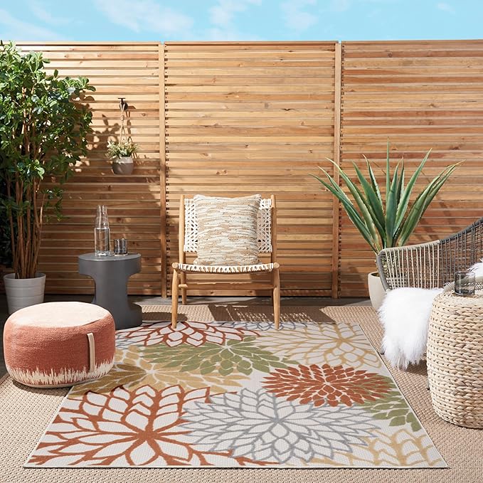 Nourison Aloha Indoor/Outdoor Ivory Multicolor 6' x 9' Area Rug, Easy Cleaning, Non Shedding, Bed Room, Living Room, Dining Room, Backyard, Deck, Patio (6x9)