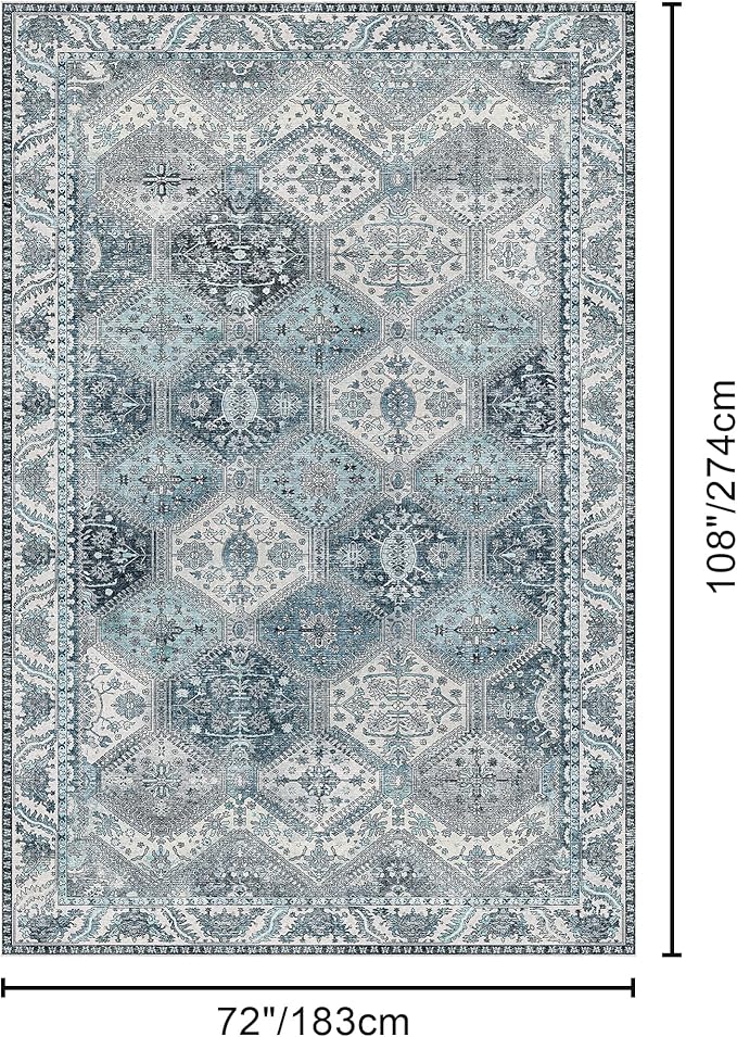 Bavni 6x9 Area Rugs for Living Room, Machine Washable Rug Non Slip, Vintage Chenille Distressed Print Carpet, Large Low Pile Ultra-Thin Lightweight Rugs for Bedroom, Dining Room, Home, Office, Blue