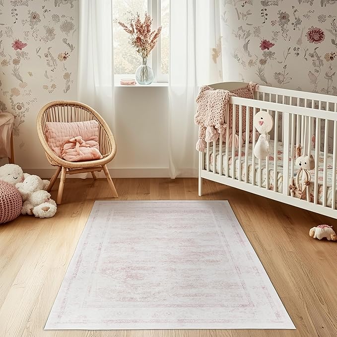 Washable 3x5 ft Area Rug - Non-Slip Boho Rug for Indoor & Outdoor Use, Entryway, Porch, Kitchen, Patio Runner in Pink