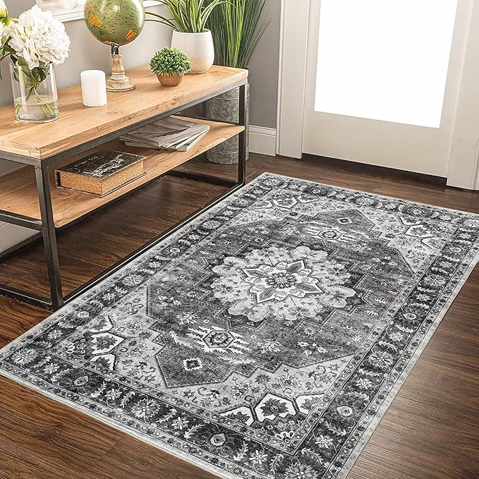 3x5 Area Rugs Washable Boho Rug, Non Slip Carpet for Living Room, Boho Vintage Design Rug, Foldable Soft Low-Pile Rug, Brown/Gray-Brown