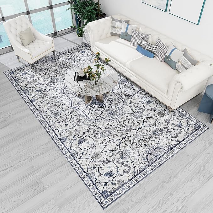 SALLOUS Runner Rug for Hallway, 2' X 8' Vinyl Floor Mat for Home, Non-Slip Waterproof Area Rug for Living Room, Washable Floor Mat for Kitchen, Bathroom, Entryway (Grayish Blue Bohemian-Style)