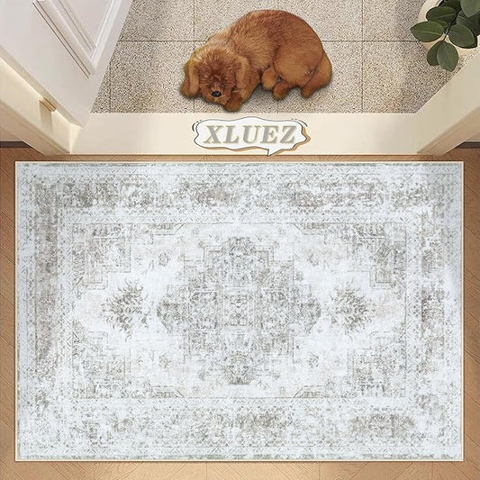 Entryway Rug 2x3 Vintage Rug, Machine Washable Small Area Rug Retro Medallion Distressed Rug Non-Slip Soft Low Pile Throw Rugs for Entryway Bedroom Bathroom Hallway Kitchen(Taupe,2'x3')