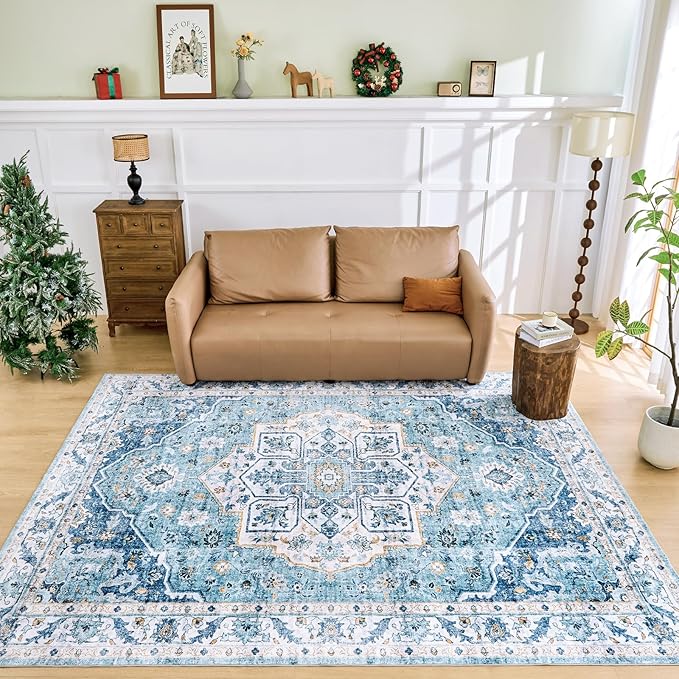 Vintage Low Pile Faux Wool Non Slip Blue Boho Area Rugs for Living Room, Bedroom, Dining Room, Kitchen, Office - 6x9 - Clearance