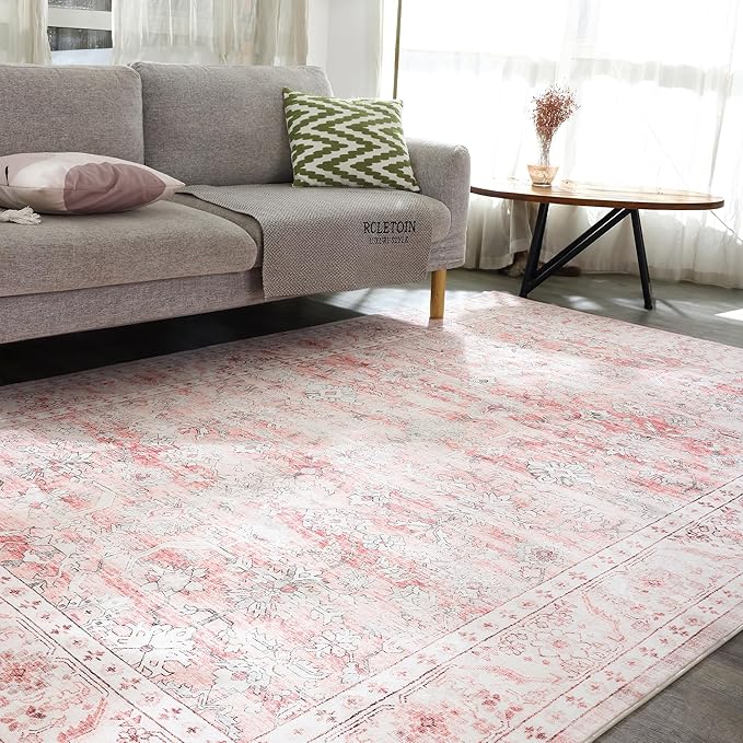 Carvapet Pink Rugs for Living Room Bedroom, Vintage Low Pile Large Carpet with Rubber Backing, Foldable, Non Slip Machine Washable (12 x 9 Feet Rectangular, Pink Area Rug)