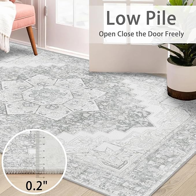 Washable Runner - 2x6 Boho Hallway Rug, Non Slip Kitchen Runner, Soft Vintage, Oriental Distressed, Low-Pile Floor Carpet for Laundry, Indoor Entrance, Bathroom, Grey