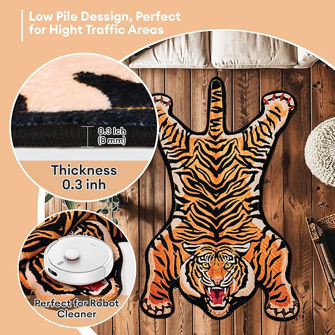 Tiger Printed Skin Area Rugs, Non- Slip Rug for Bathroom, Tiger Door Mat, Machine Washable Carpet for Bed Room B03