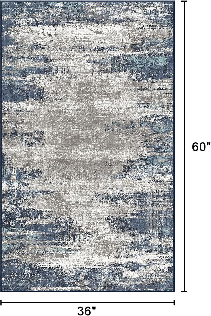 Bavni Washable Area Rug, Soft Abstract Rugs Non-Slip, Thin Foldable 3x5 Rug, Modern Stain Resistant Rug for Living Room, Kitchen, Bedroom, Blue/Ivory