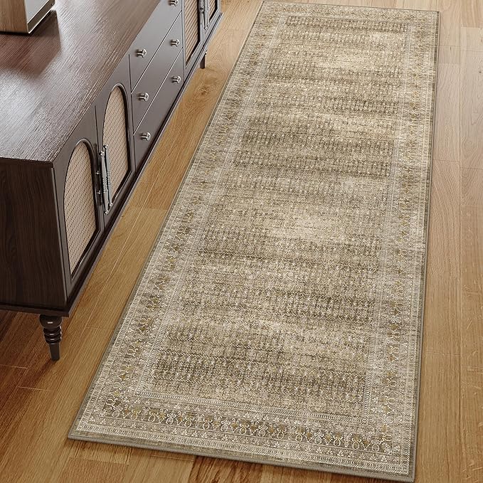 Brown 2x6 Area Rug Runners for Hallways Washable Vintage Distressed Carpet Low Pile Non Slip Indoor Retro Soft Long Accent Rug Bedroom Kitchen Bathroom Laundry Dining Living Room