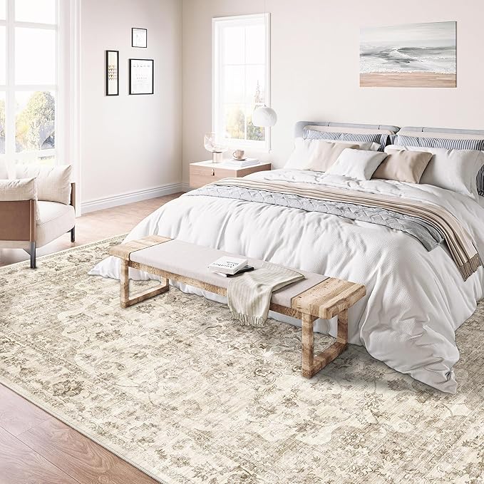 10x12 Neutral Area Rug Beige Floral Living Room Bedroom Large Carpet Non-Slip Low Pile Vintage Soft Thin Washable Throw Rug for Dining Room Office Kitchen Indoor Nursery