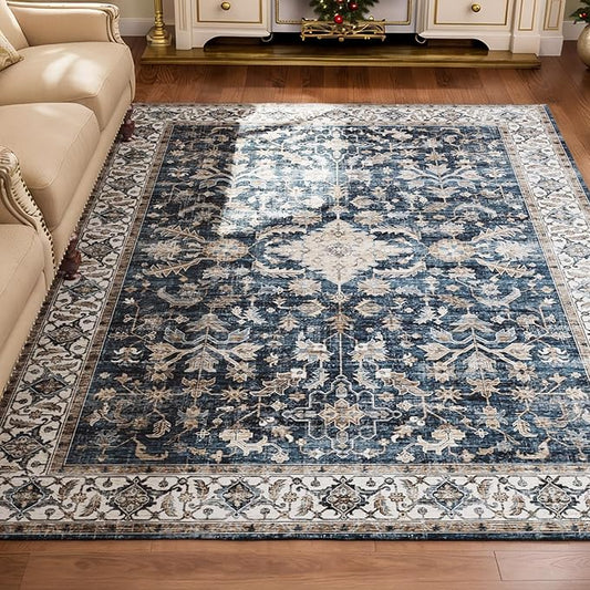 Vintage Ultra-Thin Distressed Medallion Rug, 4x6 Washable Low-Pile for Bedroom, Dining, Entryway, Bathroom, Living Room