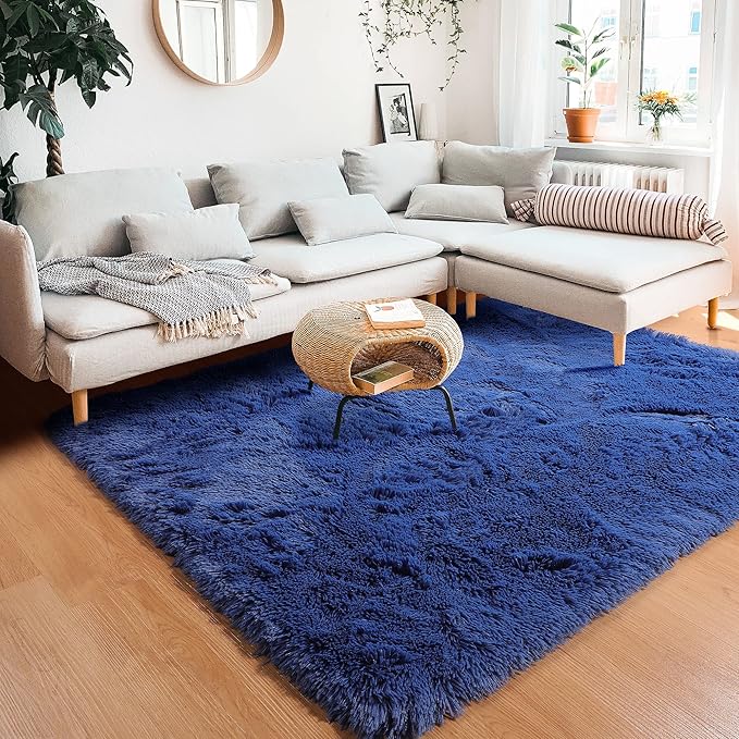 RUGTUDER 5x8 Navy Blue Shag Area Rug for Living Room, Super Soft Shaggy Rugs for Christmas Decor, Boys Playroom, Nursery Room, Upgrade Anti-Skid Plush Indoor Bedroom Floor Carpet