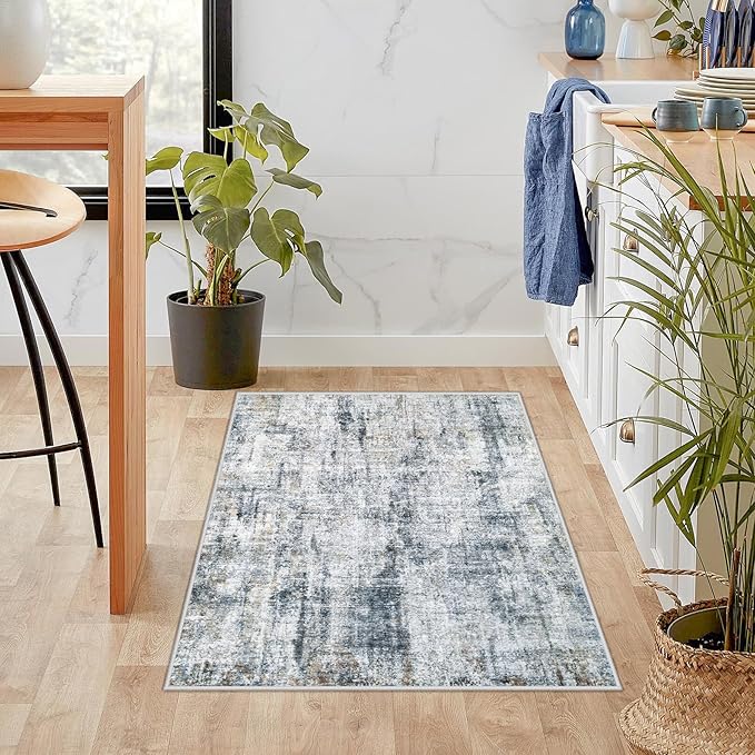 Washable Entryway 2x3 Rugs: Neutral Small Area Rug Abstract Non Slip Modern Indoor Door Mat for Kitchen Bedroom Hallway Office (Multi Blue, 2'x3')