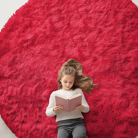 OLANLY Red Round Rugs for Bedroom - Machine Washable, 8x8 Feet Circle Area Rugs for Living Room, Soft and Fluffy Shaggy Carpet for Teen Girls and Boys, Dorms, Nursery Rooms, Home Decor Aesthetic
