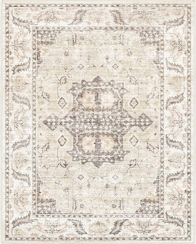 Area Rug 8x10 for Living Room, Vintage Design Home Decor, Floor Decoration Carpet Mat, Area Rugs for Living Room,Beige Washable Rug (Beige Cream, 8x10)