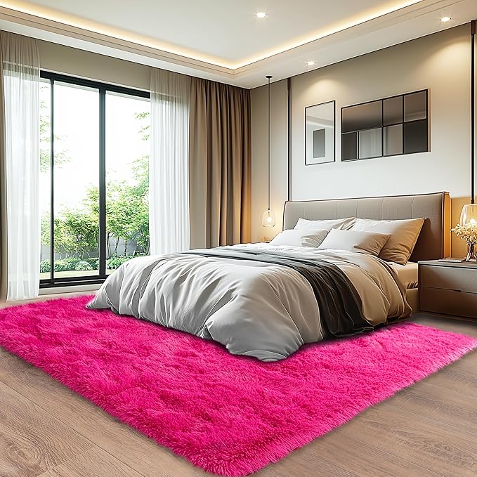 Hot Red Fluffy Rug for Bedroom 4x5.9 ft - Ultra Soft & Non Slip Shaggy Area Rug, Comfy Durable Carpet for Living Room Kids Room Teens Dorm Home Decor, 1.7'' Thick Indoor Plush Carpets