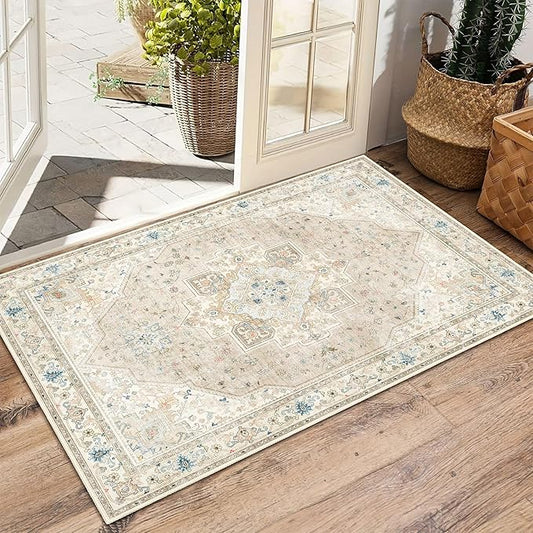 2x3 Small Rugs Beige Boho Rug for Entryway Bathroom Bedroom Kitchen Vintage Soft Throw Rug Low Pile Non Slip Washable Floor Carpet