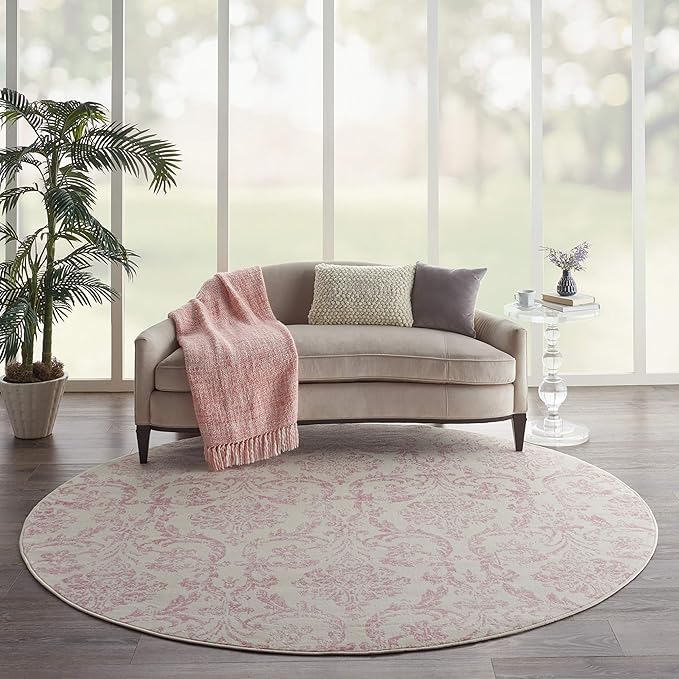 Nourison Jubilant Damask Ivory/Pink 8' x Round Area Rug, Easy Clean, Non Shedding, Bed Room, Living Room, Dining Room, Kitchen (8 Round)