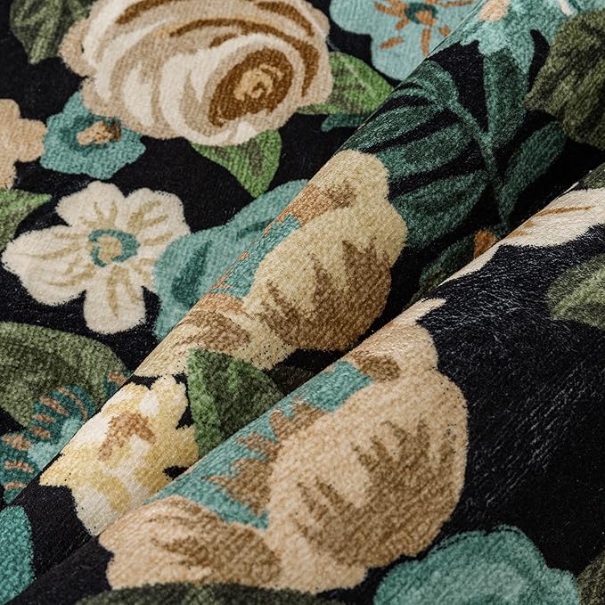Washable Floral Runner Rug 2x8 Black Hallway Carpet Scalloped Flower Non Slip Soft Long Kitchen Runner Farmhouse Low Pile Thin Indoor Floor Cover for Bathroom Bedroom Laundry Room Entryway