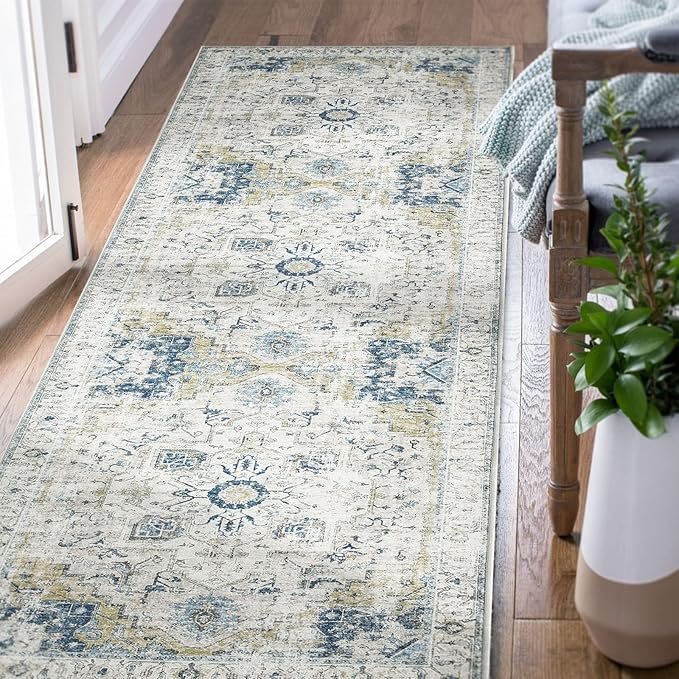 jinchan Runner Rug 2x5 Hallway Rug Kitchen Washable Runner Vintage Mat Retro Print Lightweight Non-Slip Accent Floor Cover Distressed Thin Carpet for Entryway Bathroom Bedroom Laundry Room Light Blue