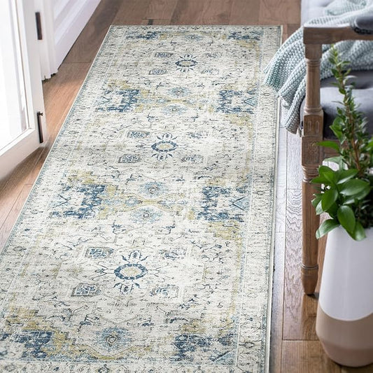 jinchan Runner Rug 2x5 Hallway Rug Kitchen Washable Runner Vintage Mat Retro Print Lightweight Non-Slip Accent Floor Cover Distressed Thin Carpet for Entryway Bathroom Bedroom Laundry Room Light Blue