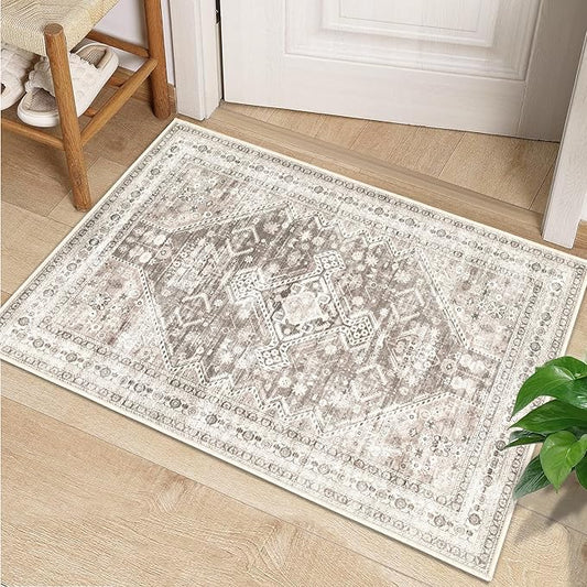 Zomfy Area Rug Vintage 2x3 Entryway Rugs: Small Washable Indoor Rug Traditional Oriental Medallion Rug for Bedroom Dining Table Kitchen Hallway(Brown, 2'x3')