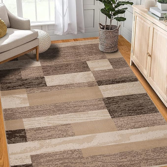 Superior Indoor Area Rug, Jute Backing, Plush Modern Rugs for Entryway, Kitchen Floors, Office Floor Cover, Color Block Rugs, Rockwood Collection, 7' x 9', Beige