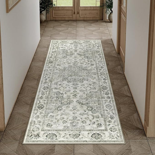 2x5 Washable Neutral Runner Rug Green Hallway Kitchen Non-Slip Low Pile Floral Carpet Vintage Soft Thin Small Throw Rug for Bathroom Bedroom Entryway Indoor Entrance