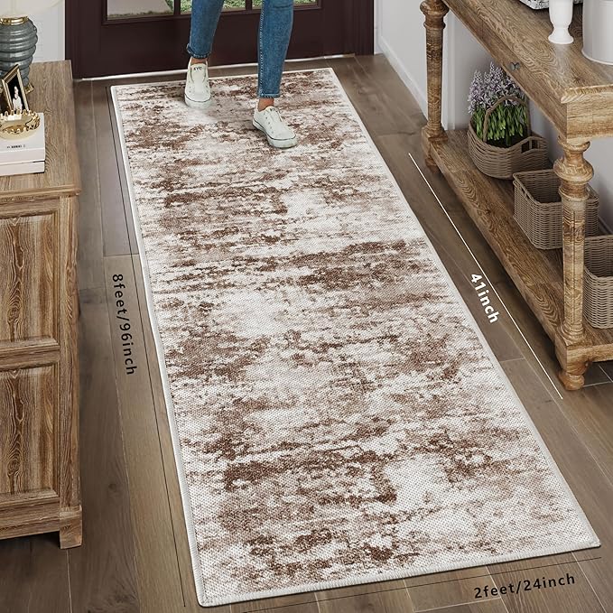Abstract Washable Runner Rug, 2x8 Hallway Runner Rugs, No Pile, Tear and Stain Resistance, Non-Slip, Hand Woven Style Thin Kitchen Runners for High Traffic Hallway Entrance Laundry- Brown