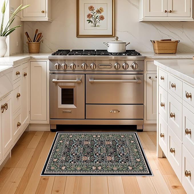 2x3 Floral Area Rug - Soft Oriental Vintage Farmhouse Style for Bathroom Entryway Kitchen - Non-Slip Backing Low Pile Stain Resistant Indoor Mat (2x3 Black/Green/Multi)