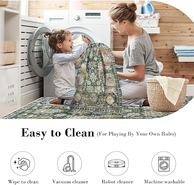 Washable Area Rugs - Perfect for Living Room, Bedroom, Kids Room, Nursery - Stain & Water Resistant Non-Slip, Pet & Child Friendly, Vintage Tribal Area Rugs (Green, 2'6'' x 8')